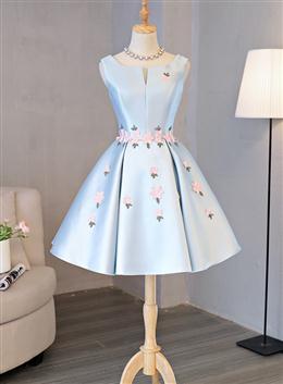 Picture of Cute Blue Satin Short Homecoming Dresses Party Dresses, Blue Prom Dresses with Flowers